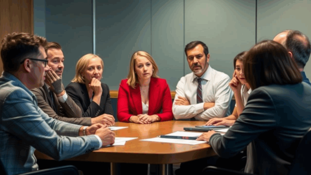 A diverse group of business professionals in a focused meeting around a conference table, engaging in strategic discussion.