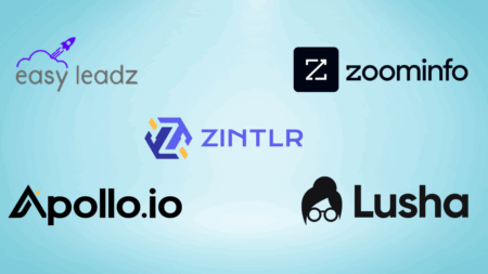 A vector illustration with the title "B2B Prospecting Tools to Use." On the right, a laptop displays a large megaphone and various social media icons like a heart, a chat bubble, and a hashtag. The background is a blue gradient.