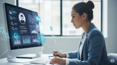 Professional businesswoman analyzing B2B data on a computer screen, showing customer profiles, analytics, and social media insights.