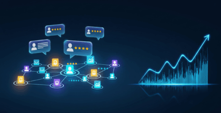 Graphic illustrating a network of customer reviews and testimonials connected to an upward trending graph and bar chart, symbolizing growth from positive feedback.
