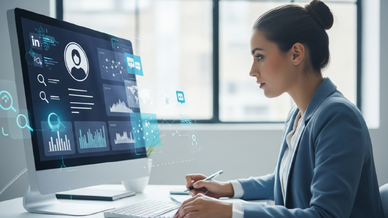 Professional businesswoman analyzing B2B data on a computer screen, showing customer profiles, analytics, and social media insights.
