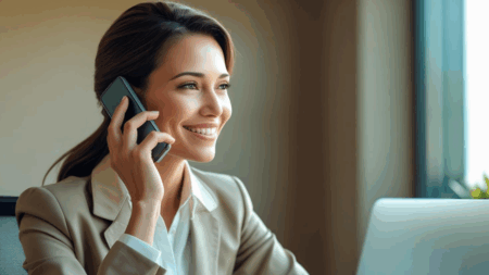 A close-up of a smiling professional woman with her hair pulled back, wearing a beige blazer and a white shirt. She is holding a smartphone to her ear, and her eyes are directed towards something in the distance. A laptop is visible in the corner.