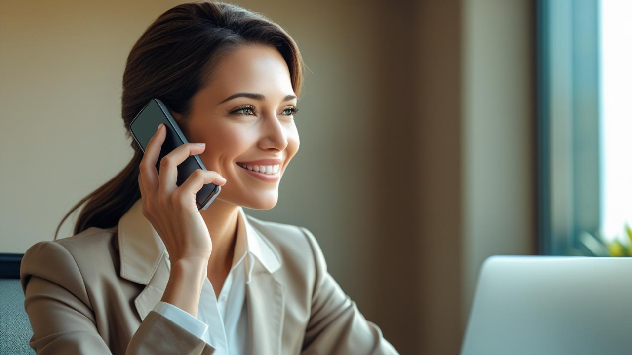 A close-up of a smiling professional woman with her hair pulled back, wearing a beige blazer and a white shirt. She is holding a smartphone to her ear, and her eyes are directed towards something in the distance. A laptop is visible in the corner.