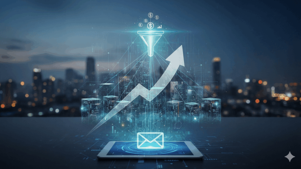 A digital illustration representing a B2B Email Marketing Strategy 2026, showing a glowing email envelope on a tablet launching an upward growth arrow through a conversion funnel.