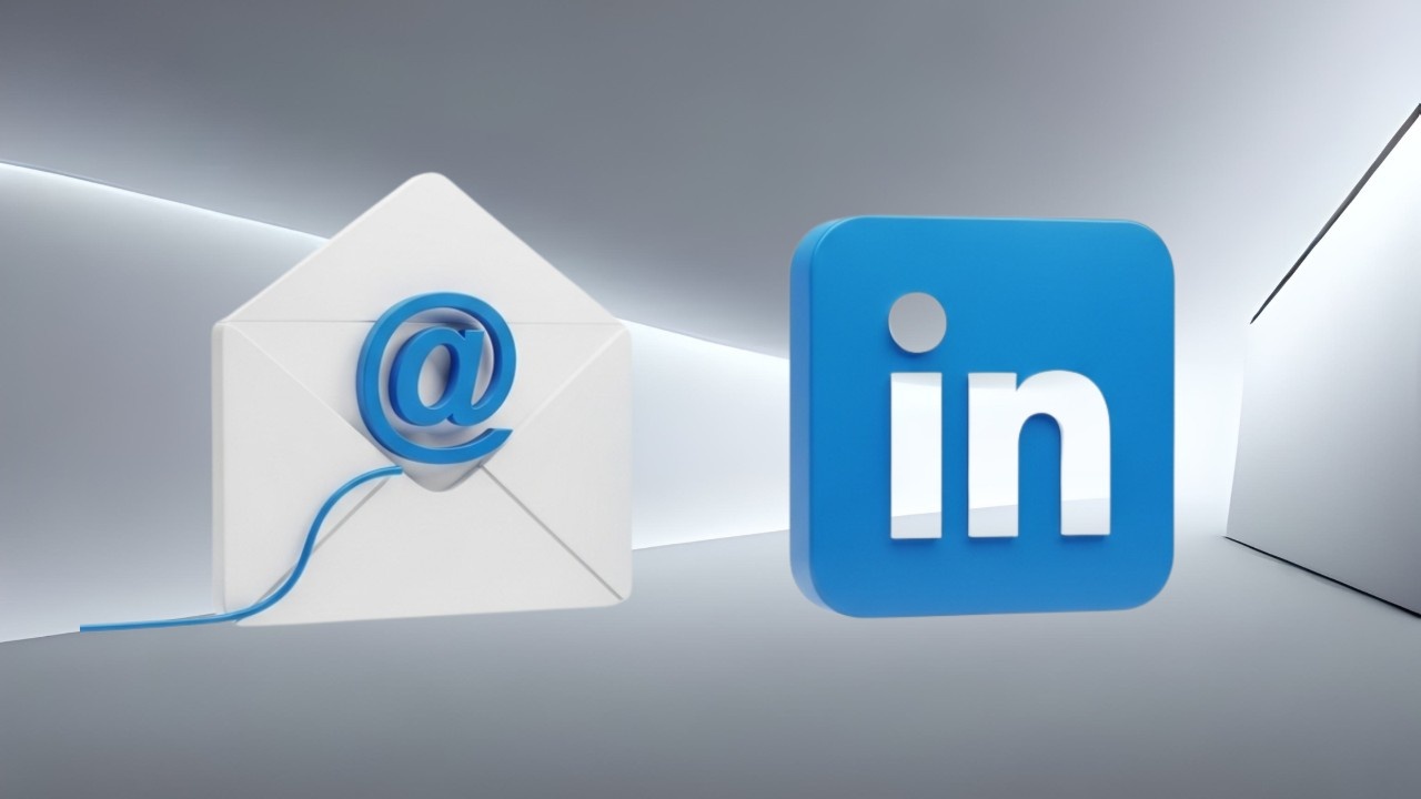 3D rendered email envelope icon next to LinkedIn 'in' logo, representing a professional outreach strategy.