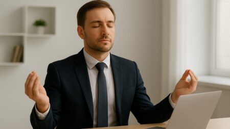 A businessman in a suit meditating at his desk, symbolizing resilience and calm in a professional setting.