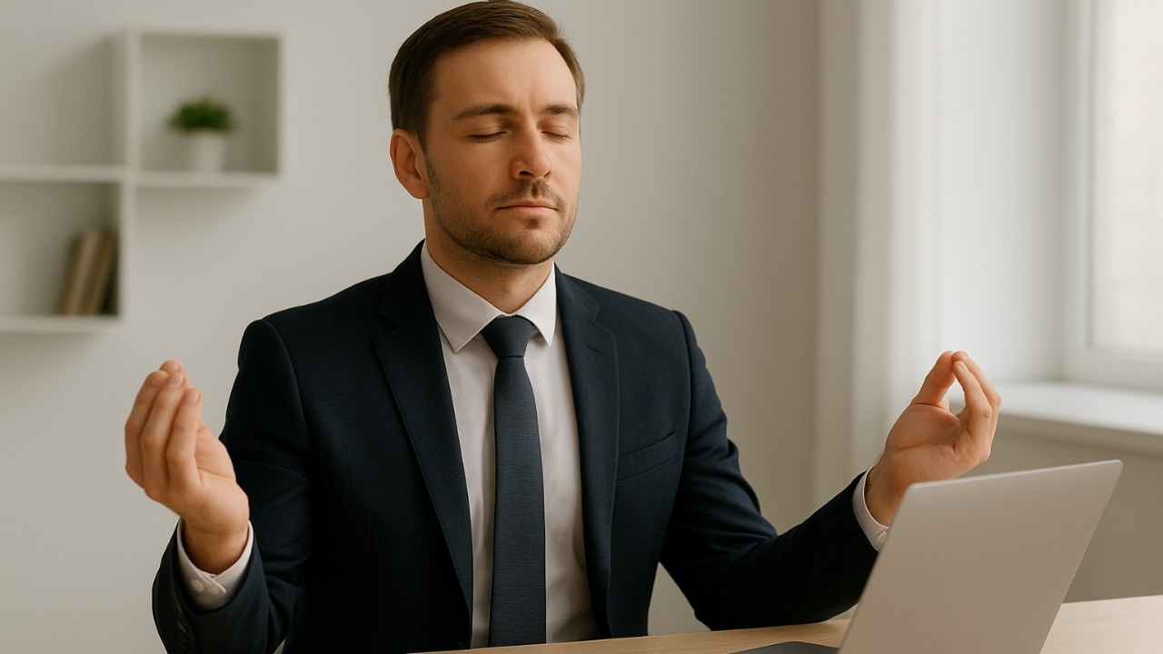 A businessman in a suit meditating at his desk, symbolizing resilience and calm in a professional setting.