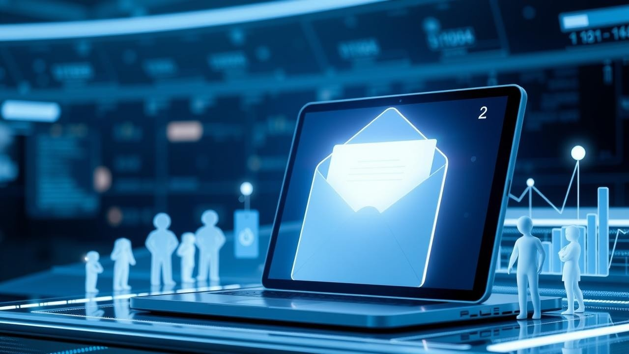 A single glowing email envelope floats above many grey emails, symbolizing a standout message in a crowded inbox.