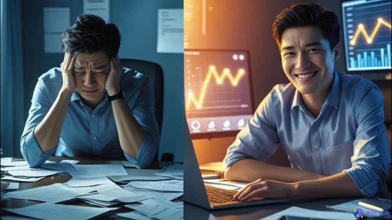 A split image of an Asian man at a desk, contrasting a stressful 'before' with a successful 'after.' On the left, he is distressed, holding his head over a messy desk of papers in dim light. On the right, he is happily smiling, working on a laptop with a glowing, upward-trending financial or data chart on the screen behind him.