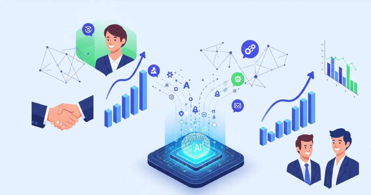 Infographic showing a central AI core processing data, leading to improved business outcomes like sales growth, customer profiling, and successful partnerships, symbolizing AI's transformative role in B2B.